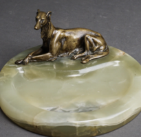 Patinated Metal Wolfhound Mounted Green Onyx Ashtray